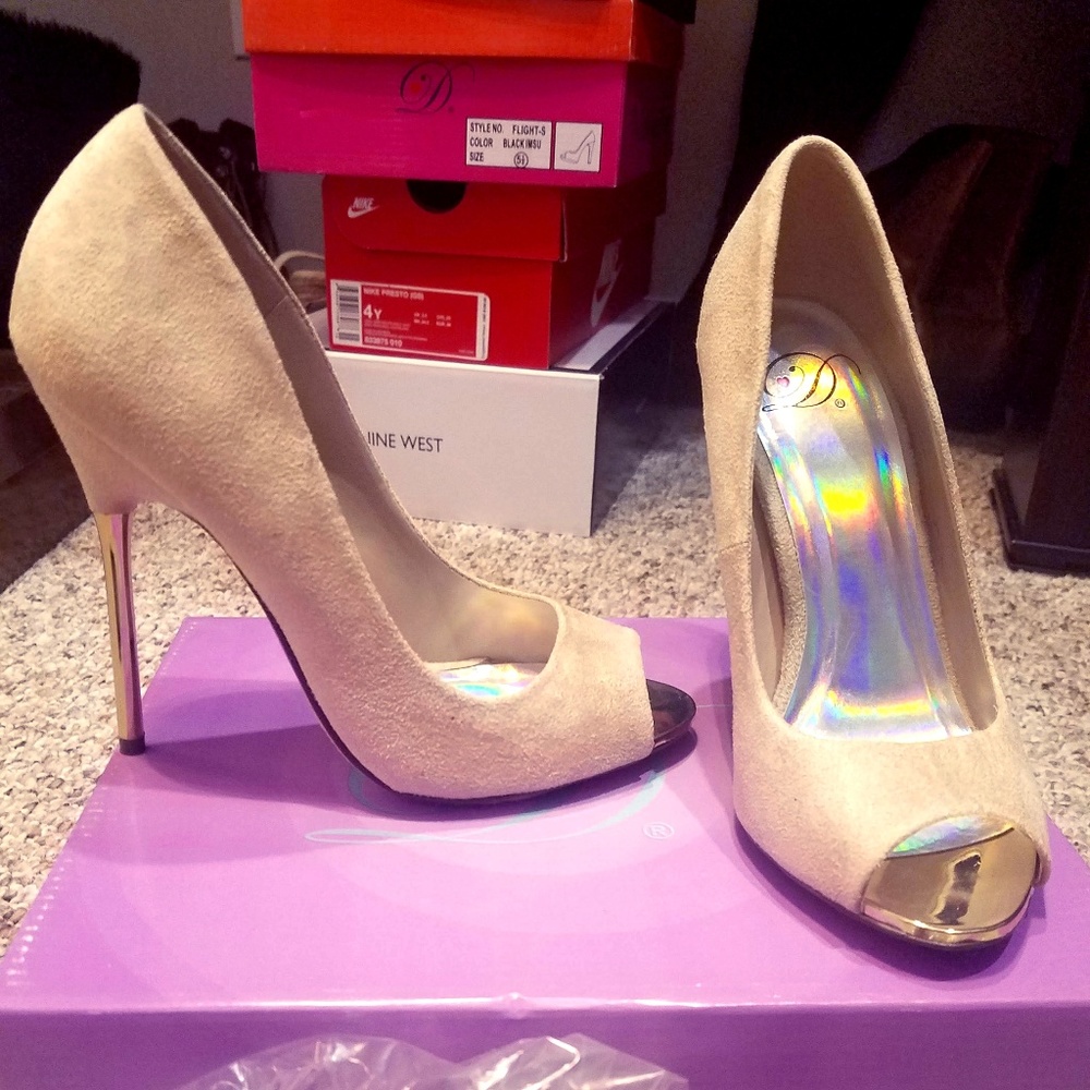 Tan mock suede with gold stiletto heels